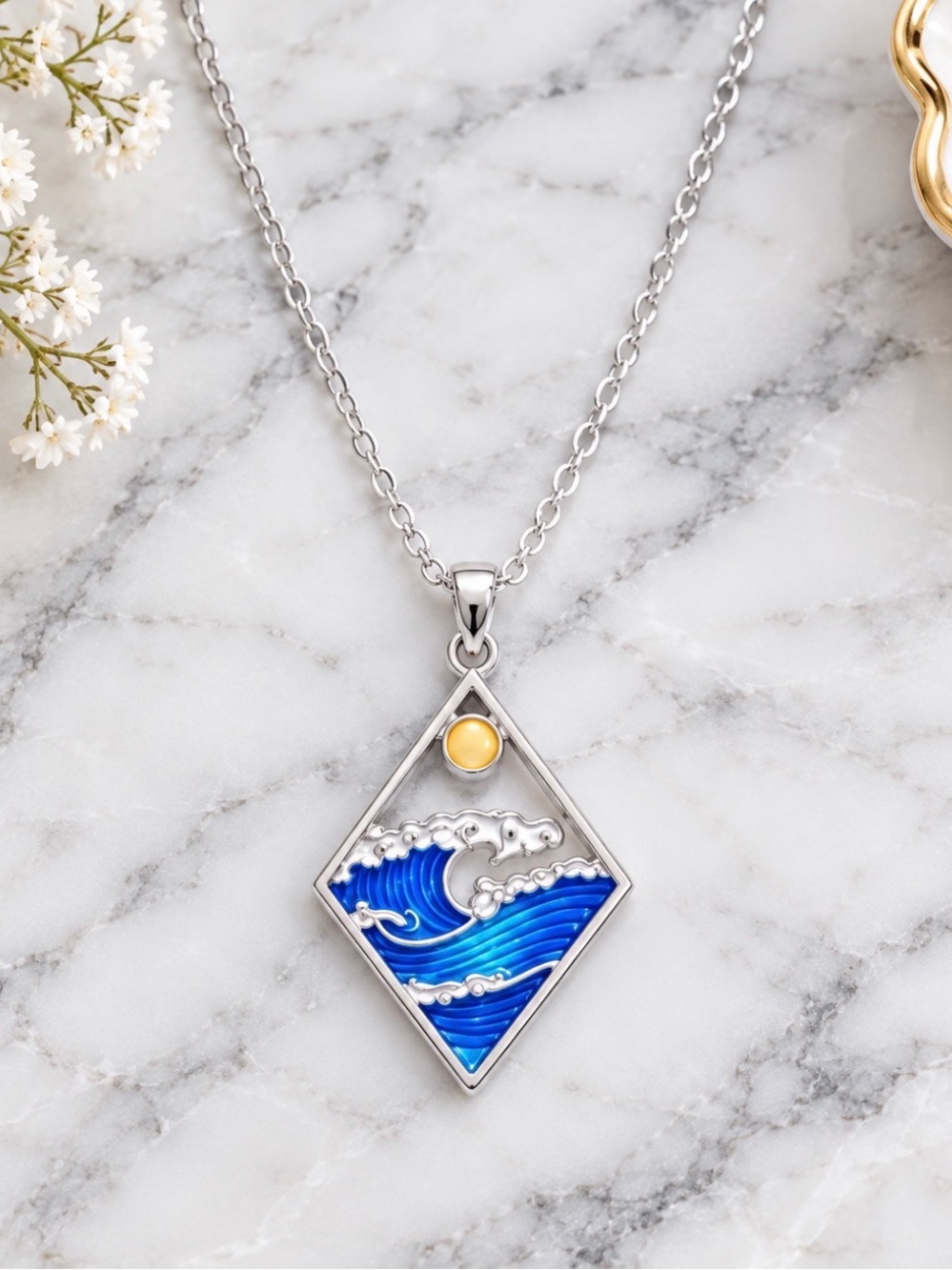 Silver Tone Blue Enamel Wave Pendant Necklace
